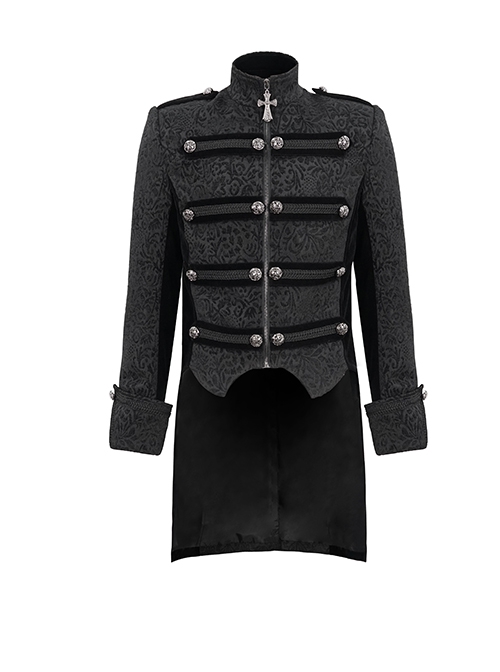 Gothic Style Exquisite Printed Silk Front Center Metal Button With Cross Pendant Zipper Black Slit Stand Collar Vintage Jacket