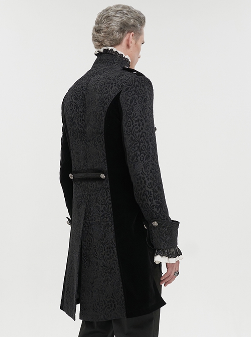 Gothic Style Exquisite Printed Silk Front Center Metal Button With Cross Pendant Zipper Black Slit Stand Collar Vintage Jacket