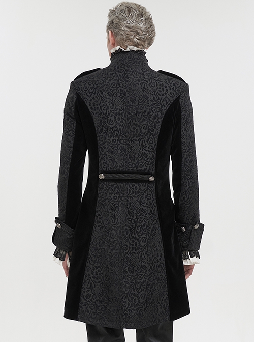 Gothic Style Exquisite Printed Silk Front Center Metal Button With Cross Pendant Zipper Black Slit Stand Collar Vintage Jacket