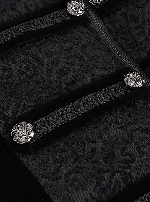 Gothic Style Exquisite Printed Silk Front Center Metal Button With Cross Pendant Zipper Black Slit Stand Collar Vintage Jacket
