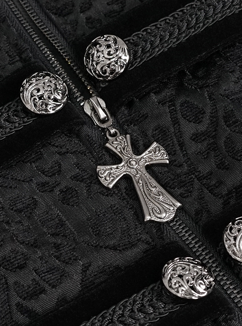 Gothic Style Exquisite Printed Silk Front Center Metal Button With Cross Pendant Zipper Black Slit Stand Collar Vintage Jacket