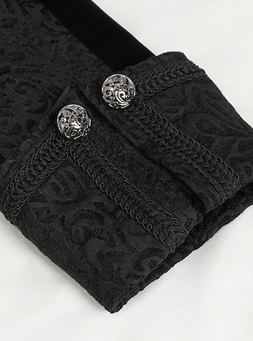 Gothic Style Exquisite Printed Silk Front Center Metal Button With Cross Pendant Zipper Black Slit Stand Collar Vintage Jacket
