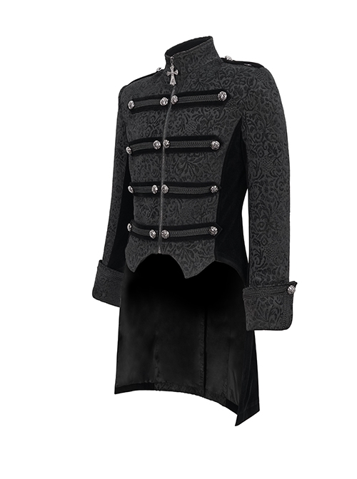 Gothic Style Exquisite Printed Silk Front Center Metal Button With Cross Pendant Zipper Black Slit Stand Collar Vintage Jacket