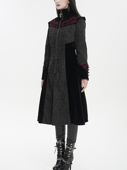 Gothic Style Gorgeous Weft Velvet Shoulders Exquisite Embroidery Pattern Decoration Metal Cross Zipper Pendant Black Long Sleeved Jacket