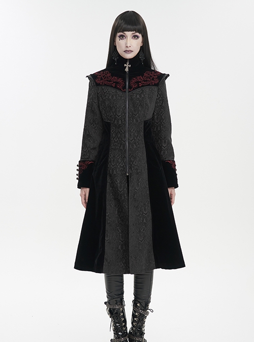 Gothic Style Gorgeous Weft Velvet Shoulders Exquisite Embroidery Pattern Decoration Metal Cross Zipper Pendant Black Long Sleeved Jacket