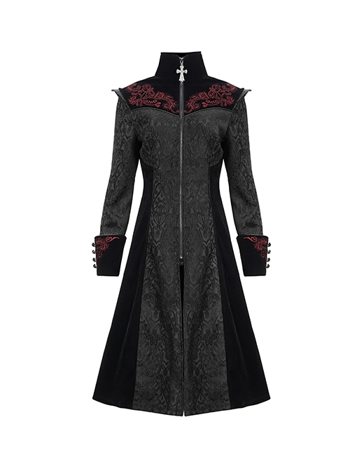 Gothic Style Gorgeous Weft Velvet Shoulders Exquisite Embroidery Pattern Decoration Metal Cross Zipper Pendant Black Long Sleeved Jacket