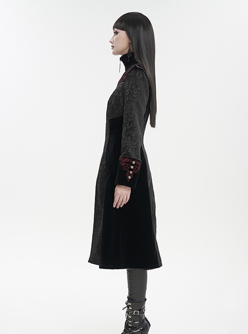 Gothic Style Gorgeous Weft Velvet Shoulders Exquisite Embroidery Pattern Decoration Metal Cross Zipper Pendant Black Long Sleeved Jacket