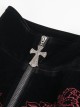Gothic Style Gorgeous Weft Velvet Shoulders Exquisite Embroidery Pattern Decoration Metal Cross Zipper Pendant Black Long Sleeved Jacket