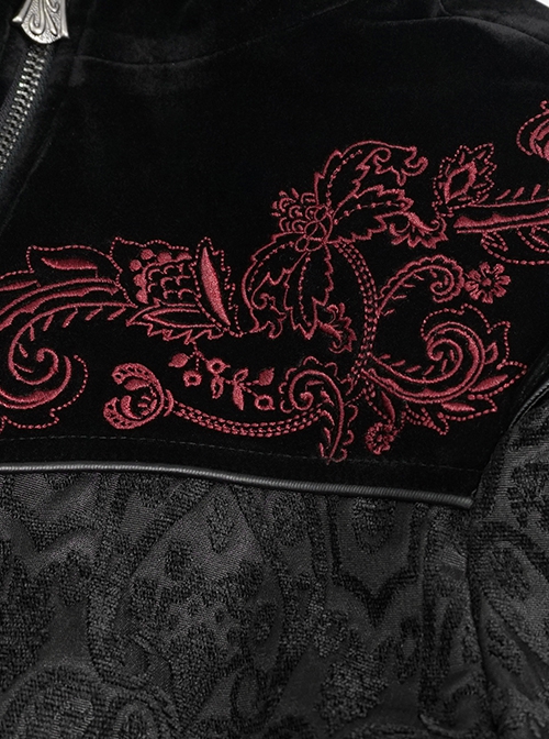 Gothic Style Gorgeous Weft Velvet Shoulders Exquisite Embroidery Pattern Decoration Metal Cross Zipper Pendant Black Long Sleeved Jacket