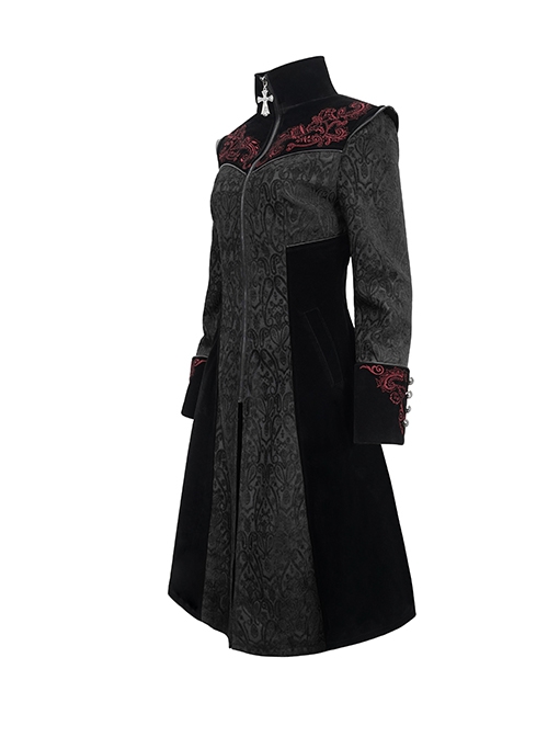 Gothic Style Gorgeous Weft Velvet Shoulders Exquisite Embroidery Pattern Decoration Metal Cross Zipper Pendant Black Long Sleeved Jacket