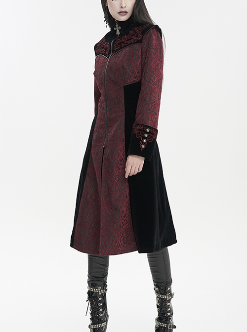 Gothic Style Gorgeous Weft Velvet Shoulders Exquisite Embroidery Pattern Decoration Metal Cross Zipper Pendant Red Long Sleeved Jacket