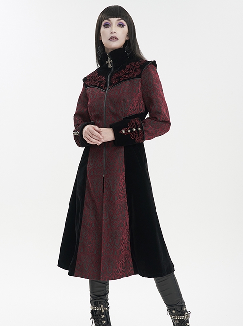 Gothic Style Gorgeous Weft Velvet Shoulders Exquisite Embroidery Pattern Decoration Metal Cross Zipper Pendant Red Long Sleeved Jacket