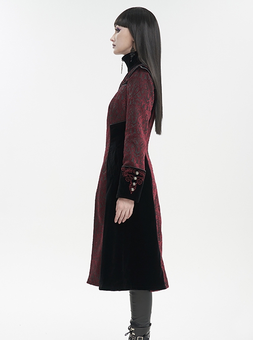 Gothic Style Gorgeous Weft Velvet Shoulders Exquisite Embroidery Pattern Decoration Metal Cross Zipper Pendant Red Long Sleeved Jacket