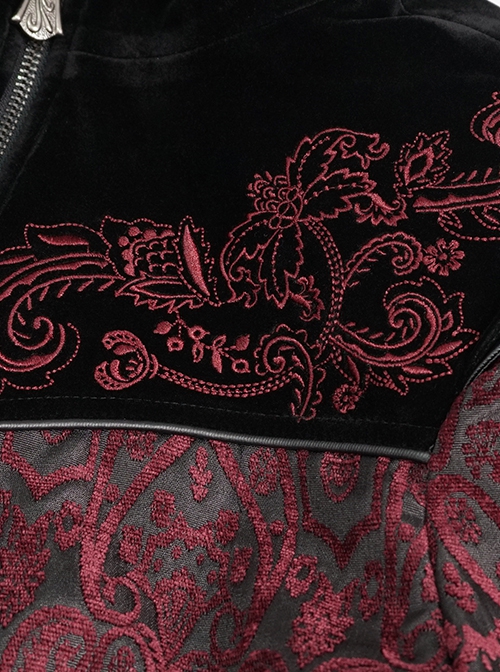 Gothic Style Gorgeous Weft Velvet Shoulders Exquisite Embroidery Pattern Decoration Metal Cross Zipper Pendant Red Long Sleeved Jacket