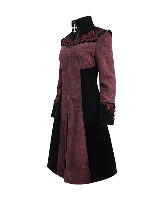 Gothic Style Gorgeous Weft Velvet Shoulders Exquisite Embroidery Pattern Decoration Metal Cross Zipper Pendant Red Long Sleeved Jacket