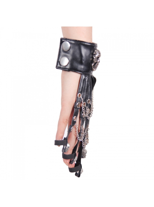 Punk Style Exaggerated Skull Rivets With Metal Chain Decorated Black Leather Gloves