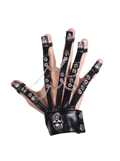 Punk Style Exaggerated Skull Rivets With Metal Chain Decoration Black Men's Leather Gloves