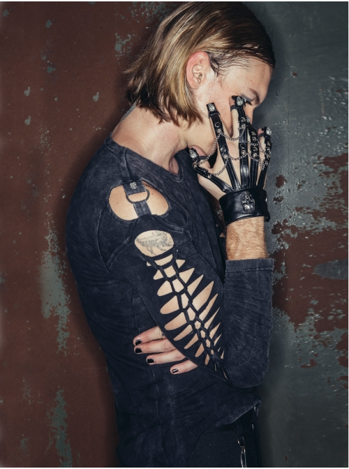 Punk Style Exaggerated Skull Rivets With Metal Chain Decoration Black Men's Leather Gloves