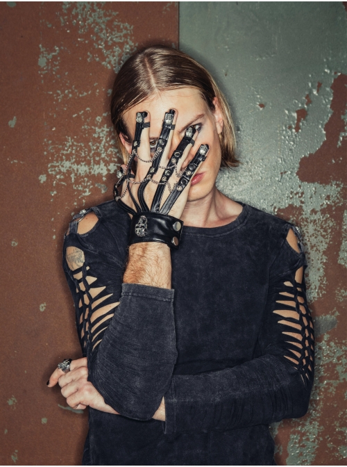 Punk Style Exaggerated Skull Rivets With Metal Chain Decoration Black Men's Leather Gloves