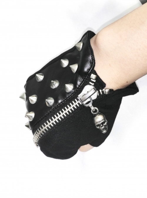 Punk Style Personalized Knitted Patchwork Leather Asymmetrical Back Of The Hand With Only This Rivet Decoration Black Fingerless Gloves