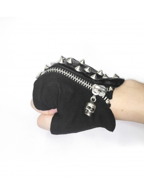 Punk Style Personalized Knitted Patchwork Leather Asymmetrical Back Of The Hand With Only This Rivet Decoration Black Fingerless Gloves