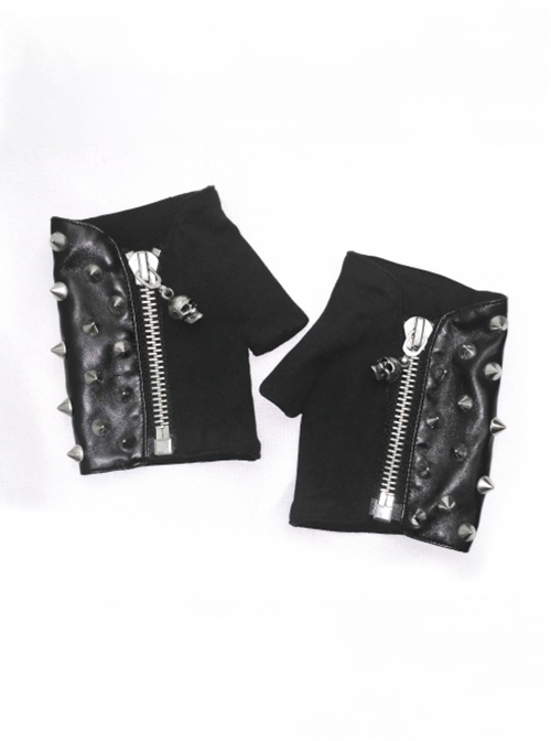 Punk Style Personalized Knitted Patchwork Leather Asymmetrical Back Of The Hand With Only This Rivet Decoration Black Fingerless Gloves