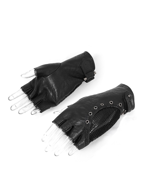 Punk Style Breathable Mesh Stitching Leather Metal Eyelets Black Washed Half Finger Gloves