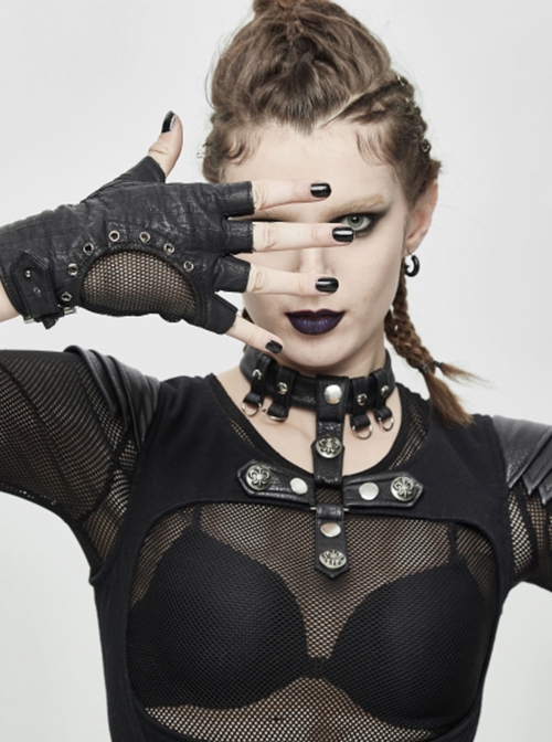 Punk Style Breathable Mesh Stitching Leather Metal Eyelets Black Washed Half Finger Gloves