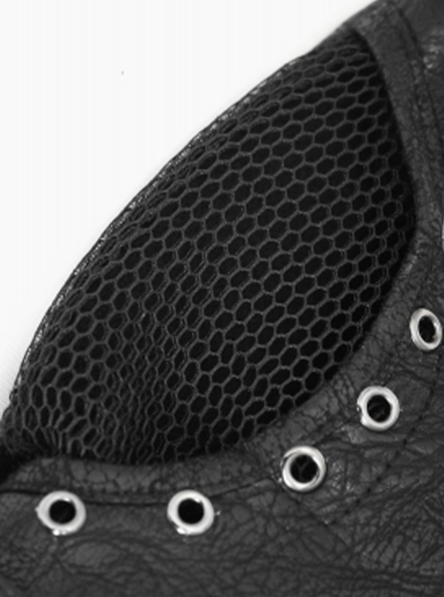 Punk Style Breathable Mesh Stitching Leather Metal Eyelets Black Washed Half Finger Gloves