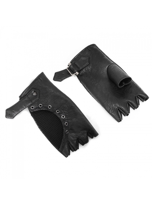 Punk Style Breathable Mesh Stitching Leather Metal Eyelets Black Washed Half Finger Gloves