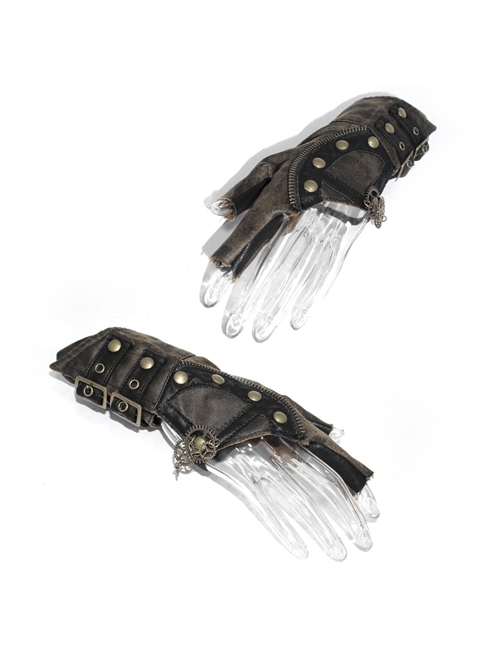 Punk Style Vintage Leather Hand Back Metal Zipper With Gear Rivet Decoration Brown Distressed Fingerless Gloves