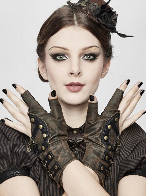 Punk Style Vintage Leather Hand Back Metal Zipper With Gear Rivet Decoration Brown Distressed Fingerless Gloves