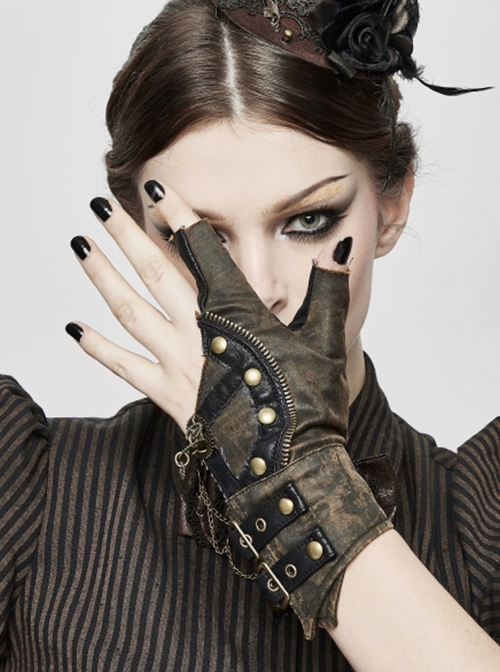 Punk Style Vintage Leather Hand Back Metal Zipper With Gear Rivet Decoration Brown Distressed Fingerless Gloves