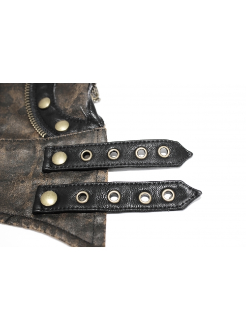 Punk Style Vintage Leather Hand Back Metal Zipper With Gear Rivet Decoration Brown Distressed Fingerless Gloves