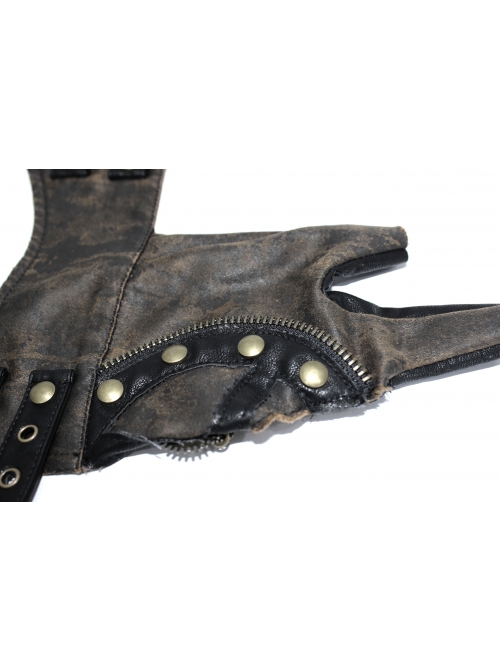 Punk Style Vintage Leather Hand Back Metal Zipper With Gear Rivet Decoration Brown Distressed Fingerless Gloves