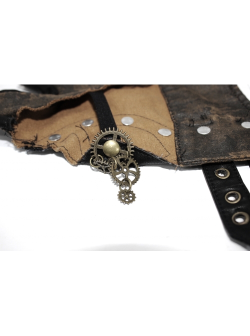 Punk Style Vintage Leather Hand Back Metal Zipper With Gear Rivet Decoration Brown Distressed Fingerless Gloves