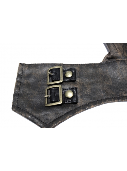 Punk Style Vintage Leather Hand Back Metal Zipper With Gear Rivet Decoration Brown Distressed Fingerless Gloves
