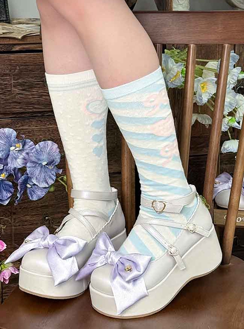 Ribbon Doll Series Satin Cute Large Bowknot Cross Straps Sweet Lolita Retro Muffin Thick Bottom Shoes