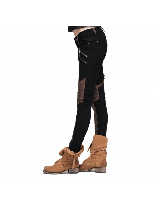Punk Style Stretch Twill Fabric Center Front Tape Leg Pocket With Metal Ring Decoration Brown Daily Trousers