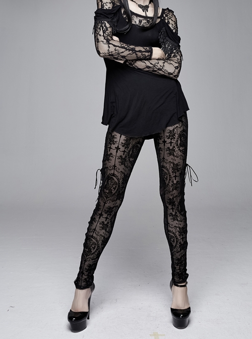 Gothic Style Sexy Flocking See-Through Side Slits Tied With Black Sexy Pants