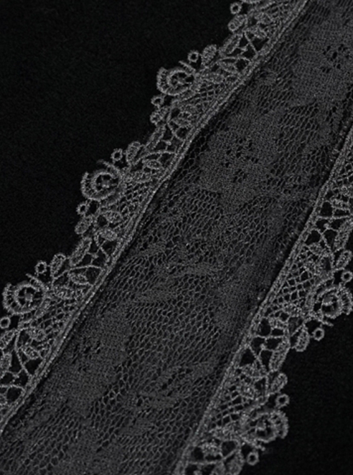 Gothic Style Stretch Velvet Fabric Slit In The Center Front Lace Trim Mesh Patchwork Black Appliqué Pants