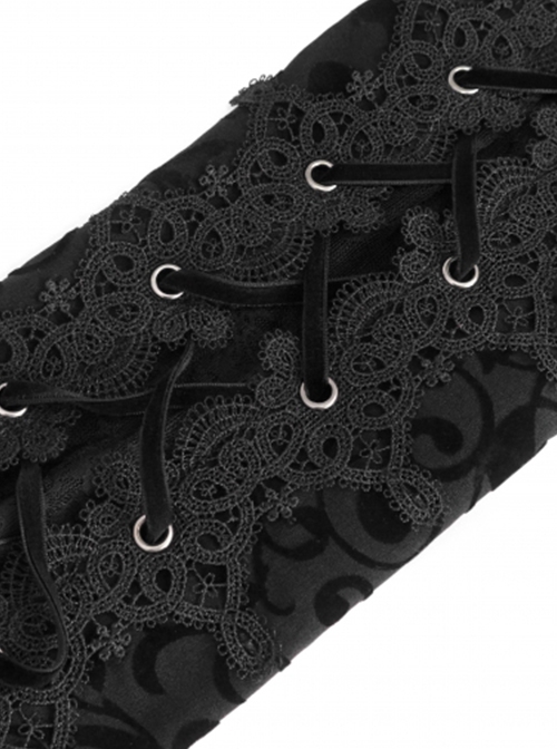Gothic Style Asymmetric Elastic Flocked Side Rose Mesh With Tied Lace Black Pants