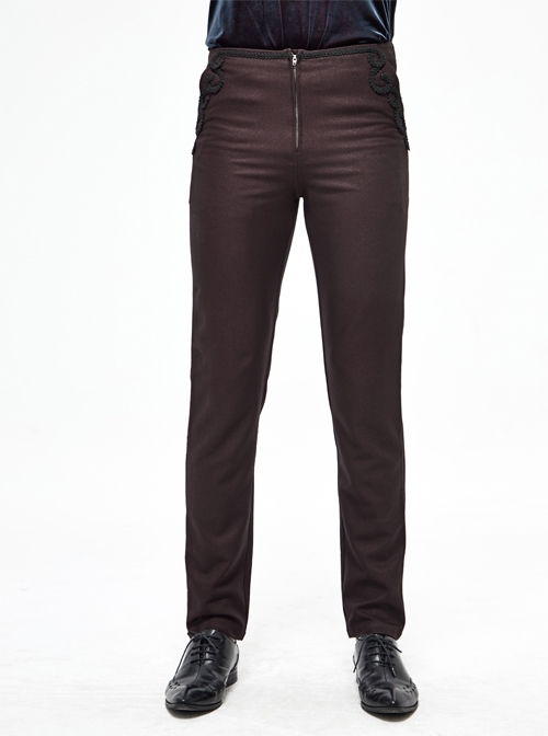 Gothic Style Simple Twill Suit Fabric Side Lace Webbing Front Center Zipper Decoration Brown Daily Slim Pants