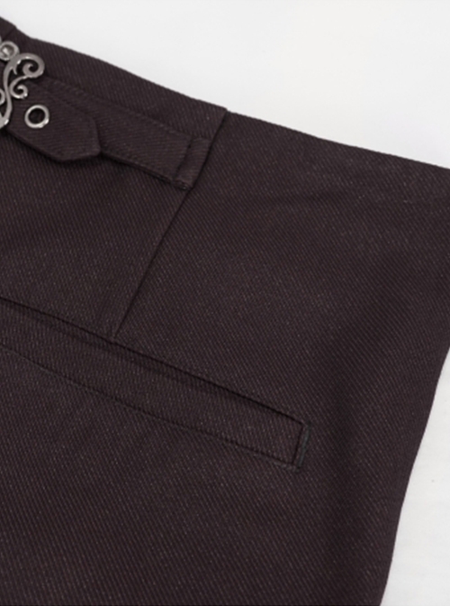 Gothic Style Simple Twill Suit Fabric Side Lace Webbing Front Center Zipper Decoration Brown Daily Slim Pants