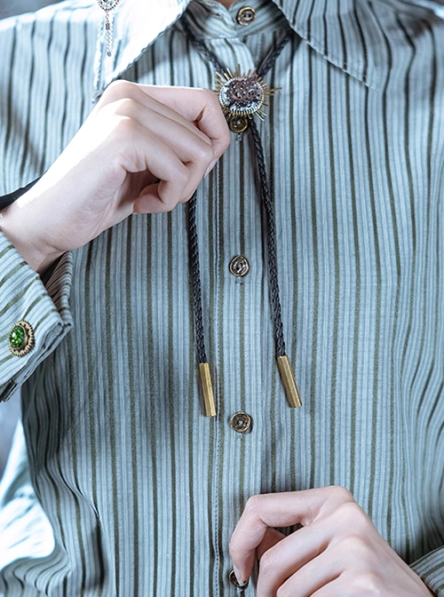 Amon Series England Lapel Steampunk White Green Stripes Resin Buttons Daily Ouji Fashion Long Sleeves Shirt