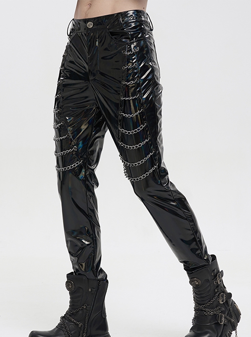 Gothic Style Personality Elastic Shiny Patent Leather Side Multi Row Metal Zipper Embellishment Black Slim Leather Pants