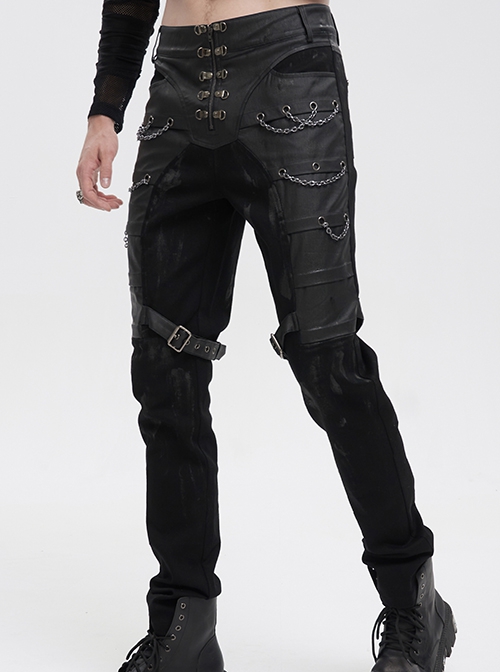 Gothic Style Washed Knitted Side Metal Eyelets With Multi Row Chain Decoration Black Slim Trousers