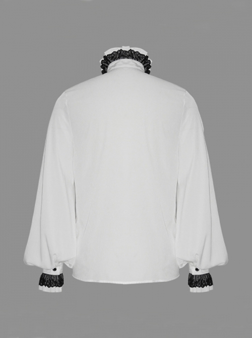 Gothic Chiffon Vertical Stripes Pattern Side Embroidered Petals White Lace High Collar Long Sleeve Shirt