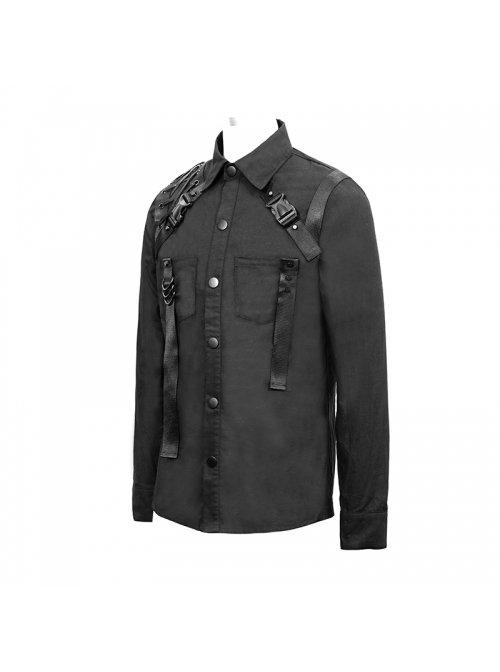 Punk Style Simple Solid Color Shoulder Eyelet Tie Rope Asymmetric Design Black Long Sleeve Metal Button Shirt