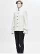 Punk Style Jacquard Cotton And Linen Shoulders With Woven Raw Edge Ribbon Decoration White Stand Collar Puff Sleeve Shirt